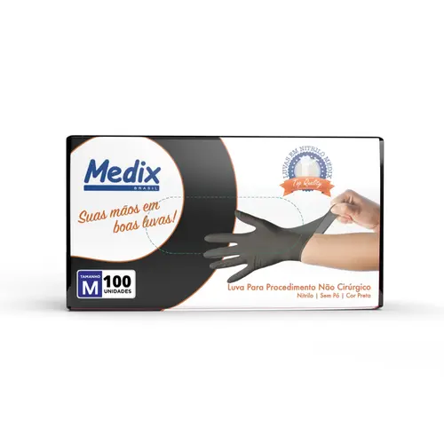 LUVA NITRILICA S/PO PRETA TAM M 100UN - MEDIX